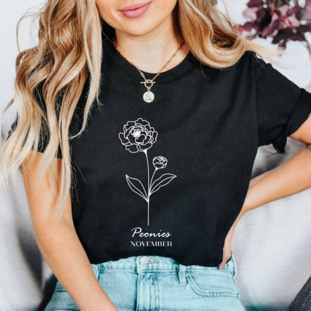 November Peonies Birth Month Flower T-Shirt, Birth Flower T-Shirt - Picture 1 of 5